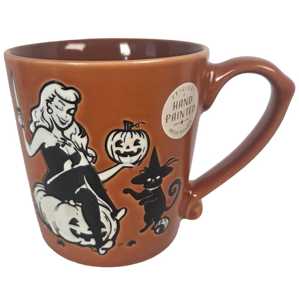 Spectrum Designz Halloween Mug 18oz Orange Retro Pin Up Witch Cat New Ceramic